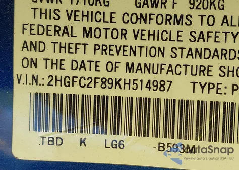 2019 Honda Civic Sport from USA, damaged, VIN 2HGFC2F89KH514987